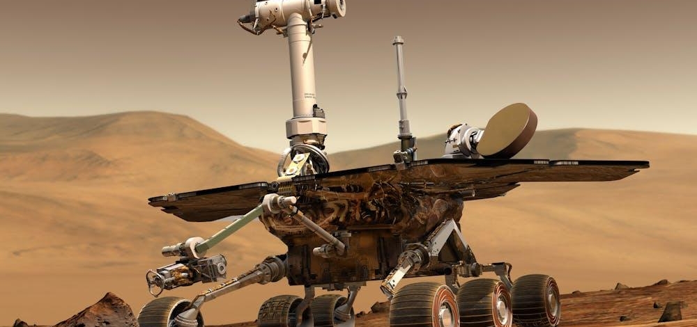 Mars exploration rover conducting research on Martian surface, showcasing technology and science.