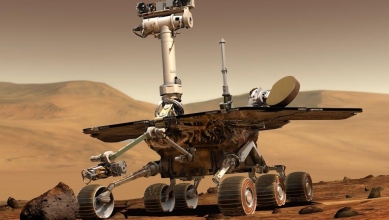 Mars exploration rover conducting research on Martian surface, showcasing technology and science.